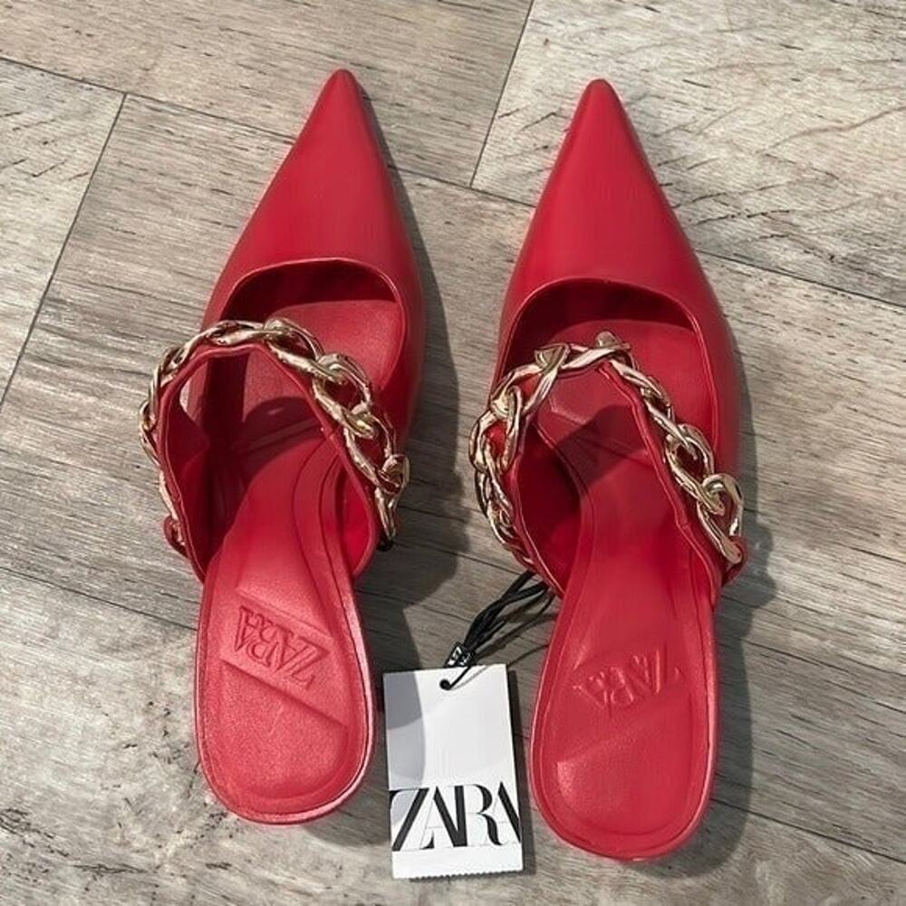 ZARA Pink Chain Strap Mule Heels NWT Pointed Toe Kitten Heel Pumps Size 8 - Picture 15 of 16